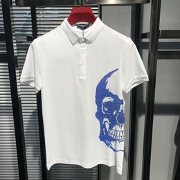 Men's Polos High Quality Rhinestone Male Matching Boutique Reflection Gradient Shirt Skull Men's Lapel Slim Short-SleevedMen's Men'sMen'