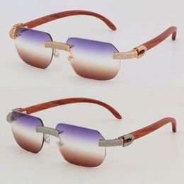 New Designer Micro-paved Diamond Set Rimless Wooden Mix Metal Sunglasses Wood Square Sun Glasses Outdoor Design Classical Model Glasses 18K Gold Frame Size:57