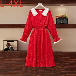 Plus Size Dresses Fit Weight 50-100KG For Women 2022 Autumn Turn-down Collar Elastic Waist Oversized Red Dress L XL 2XL 3XL 4XL