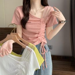 Women's T-Shirt Women Fashion Short Sleeve Summer Slim Design Mesh Splicing Irregular Drawstring Top Casual Korean Style Ladies ClothesWomen