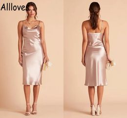 Silk Satin Chic Short Bridesmid Dresses Spaghetti Straps Sleeveless Simple Boho Garden Maid Of Honor Gowns Knee Length Open Back Wedding Guest Party Robes CL0539