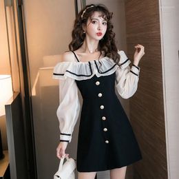 Casual Dresses COIGARSAM Sexy Women One-piece Dress Korean Spaghetti Strap High Waist Black 8038
