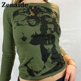 Zenaide Green Gothic Long Sleeve Crop Top Y2K Women Spring Harajuku Sexy Print Grunge Fashion Aesthetic Vintage T Shirt 220407