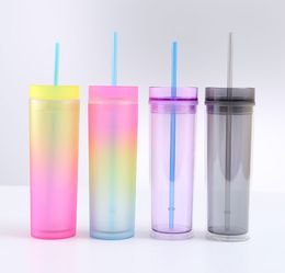 16oz double-layer plastic straight straw Tumblers cup creative logo can be printed outdoor handy beverage cup