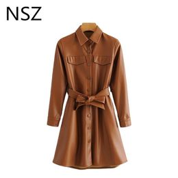 NSZ women brown faux fur pu leather long jacket with belt fall fashion artificial fur coat elegant female outwear tops 201030