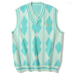 Men's Vests LACIBLE Mint Colour Sleeveless Sweaters Pullover Vest Geometric Square Pattern V Neck Knitwear Tank Tops Harajuku Streetwear Guin