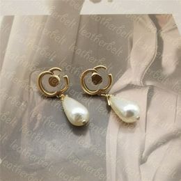Elegant Pearl Pendant Earrings Charm Chic Brass Double Letter Stud Luxury Pearl Earring For Women Anniversary Gift With Box