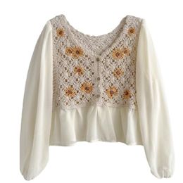 Women's Blouses & Shirts Stylish Women Puff Sleeves Blouse Tops Thin Coat Retro French Embroidered Knit Cardigan Exquisite Babydoll ShirtsWo