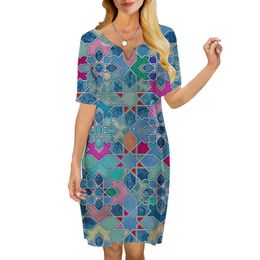 Women Dress Retro Geometric Pattern 3D Printed VNeck Loose Casual Short Sleeve Shift Dress for Female Dresses Regular 220616