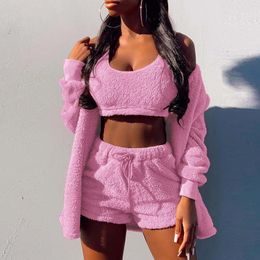 tracksuit with cropped hoodie Australia - Women's Tracksuits Outfit Women 2022 Winter 3 Piece Set Fur Soft Hooded Coat Crop Tops Homewear Outerwear Shorts Casual Plush Suit Clothes