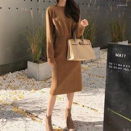 Casual Dresses Knee-Length Dress Knitted Elastic Long Sleeve Drawstring Waist Elegant Women 2022 Autumn Winter Knitting Sweater