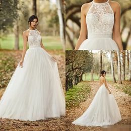 Elegant A-Line Wedding Dresses Lace Tulle Sleeveless Halter Strapless Backless Appliques Sequins Beads Plus Size Ruffles Bridal Gowns Train robe custom made