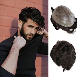 Durable Men's Wigs Human Hair Thin Skin Toupee Male Capillary Prosthesis Replacement System 30mm Wave Black Colour Hairpieces