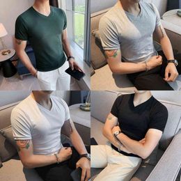 Korean Summer Solid V Neck T-Shirts Men Clothing Slim Fit Simple All Match Short Sleeve Casual Basic Tees Homme Streetwear 3XL-M Y220606