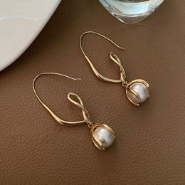 Dangle & Chandelier Gold Colour Twist Metal Pearl Drop Earrings For Women Wedding Party Delicate Simple Earings 2022 Temperament Jewellery Gift