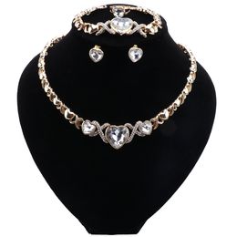 Clear Crystal Heart Shape Pendant Gold Colour Necklace Sets for Women Earrings Ring Elegant Bridal Bracelet