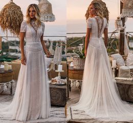 Vestidos de noiva do laço boêmio vestido alto vestido de novia con manga CORTA Vintage vestido de casamento de praia para noiva 2022 varredura trem
