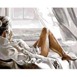 Painting By Numbers DIY Drop 40x50 60x75cm Girl seaside holiday Figure Canvas Wedding Decoration Art picture Gift LJ200908