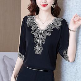 Women's Blouses & Shirts Blusas Elegantes Fashion 2022 Plus Size Women Clothing Black Short Sleeve V-neck Embroidered Silk Satin Top Female