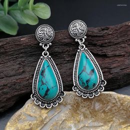 Dangle & Chandelier Bohemain Water Drop Natural Green Blue Stone Earrings Vintage Jewellery Carved Flower Metal Turquoises EarringsDangle Odet