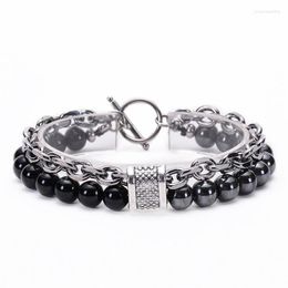 Men's Tiger Eyen Stone Beaded Bracelet Stainless Steel Gun Metal Link Chain Yoga Male Jewelry Drop