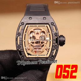 Skull 052 Miyota Automatic Mens Watch Carbon Fibre Gold Skeleton Dial Black Rubber Strap Super Edition Puretime01 E69G1