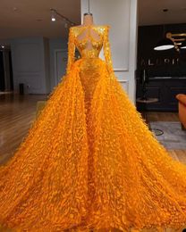 Orange Bright Mermaid Prom Dresses Long Sleeves Portrait Shoulder V Neck Lace Puff Satin Sequins Diamonds Chic Appliques Party Gowns Plus Size Custom Made