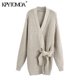 KPYTOMOA Women Fashion With Tied Wrap Knitted Cardigan Sweater Vintage Long Sleeve Loose Female Outerwear Chic Tops 210204