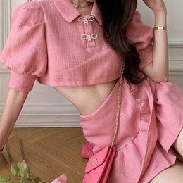Small Fragrant Suit Summer Korean Sweet T 2 Piece Set Women Puff Sleeve Crop Top Mermaid Skirts Sets Fashion Skirt Suits 220611