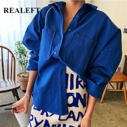 REALEFT Spring Double Pockets Turn-down Collar Cotton Women's Blouse Casual Loose Female Blouse Tops Workwear Shirts 220513