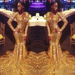 Sequins Prom Gold Dresses 2022 Long Sleeves Sexy Deep V Neck Floor Length Ruffles Straps Custom Made Evening Party Gowns Formal Ocn Wear Plus Size Vestidos estidos