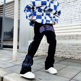 Colorful Letter Ankle Flame Print Straight Casual Mens Pants Oversized Straight High Street Loose Retro Trousers T220803