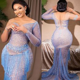 2022 Plus Size Arabic Aso Ebi Luxurious Mermaid Sparkly Prom Dresses Beaded Sheer Neck Evening Formal Party Second Reception Birthday Engagement Gowns Dress ZJ223