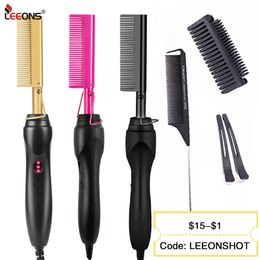 Leeons Black Comb Hair Straightener Flat Iron Electric Heating Comb Wet And Dry Hair Curler Straight Styler Curling Iron 220623