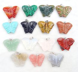 Pendant Necklaces Wholesale Sell 8pcs Carving Mixed Natural Stone Pendulums Butterfly Charm Pendants Fit Necklace Jewellery MakingPendant