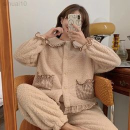 Winter Women Flannel Pyjama Sets Pyjamas Female Long Sleeve Pants Nightwear Lounge Wear Homewear Coral Fleece Nightwear L220803
