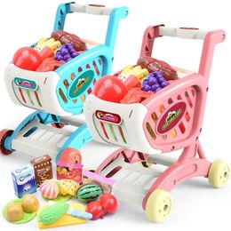 Children's Simulation Shopping Cart Trolley Toy Cutting Fruits and Vegetables Supermarket Shopping Plastic Play House Toy Set LJ201211