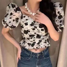 Women's T-Shirt Summer Korean Version 2022 Square Collar Exposed Collarbone Short-sleeved Shirt Girl Sweet And Spicy Waist Chiffon Chic TopW