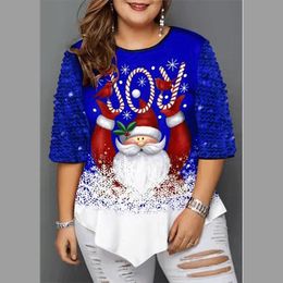 Women's T-Shirt Autumn Winter O-neck Patchwork Beads Print T-shirts Oversized Christmas Tree Loose Casual Oversize Tshirt Ladies Tee Tops Wo