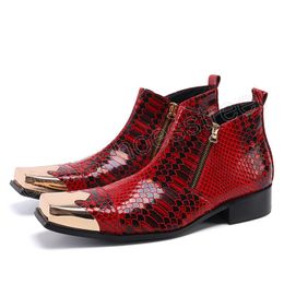 Red Print Genuine Leather Men Zipper Ankle Boots Metal Square Toe Man Wedding Party Boots Winter Male Short Boot