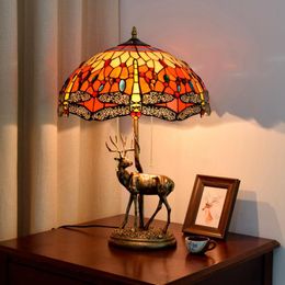 Table Lamps European Retro Creative Deer Lamp Tiffany Coloured Glass Living Room Dining Bar Red Dragonfly Decorative LampTable
