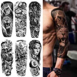 NXY Temporary Tattoo Full Arm Lion King s for Men Women Adult Fake Clock Skull Flower Sticker Black Sleeve Tatoos Kits Set 0330