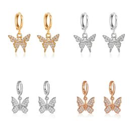 Dangle & Chandelier Silver Color Gold Rhinestone Crystal Butterfly Earrings For Women Cute Small Stud EarringDangle