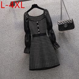 Plus Size Dresses For Women 2022 Autumn Square Collar Long Flare Sleeve Bright Silk Patchwork Sweater Dress L XL 2XL 3XL 4XL