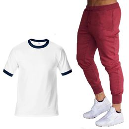 Men's Tracksuits Summer Men's T-Shirt Solid Colour Cotton Comfortable Crew Neck Mens High Quality CottonT-Shirt Pants Suit 2PcMen's