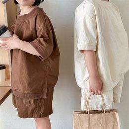 MILANCEL Children s Clothes Set Japanese Simple Loose Cotton Kids Short sleeved Shorts Suit 2 PCS 220714