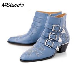 MStacchi Frauen Echtes Leder Gold und Silber Niet Susanna Nieten Frauen Stiefeletten Runde Kappe Blume Stiefel Mujer Frauen Luxus 201103