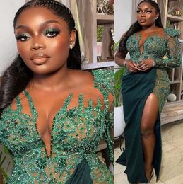 2022 Plus Size Arabic Aso Ebi Luxurious Dark Green Prom Dresses Lace Beaded Evening Formal Party Second Reception Birthday Engagement Gowns Dress ZJ770