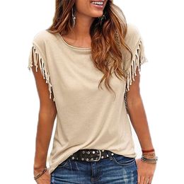 Casual Tassel T-Shirt Cotton Short Sleeve Solid Colour Tees O Neck Women's Clothing Spring Summer Top Ladies 220328