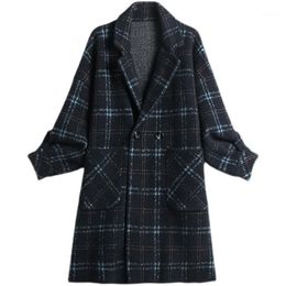 Women's Wool & Blends Autumn Winter Vintage Women Plaid Suit Woollen Jacket Ladies Loose Casual Blazer Double Breasted Coat Y908
